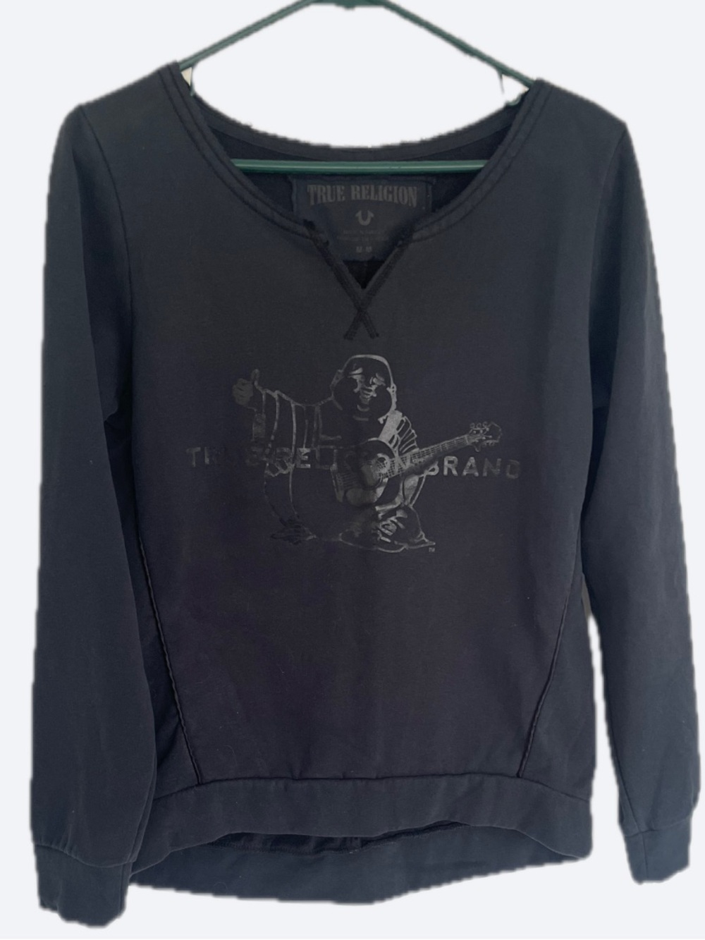 True Religion Black Graphic V-Neck Raw Hem Sweater Medium